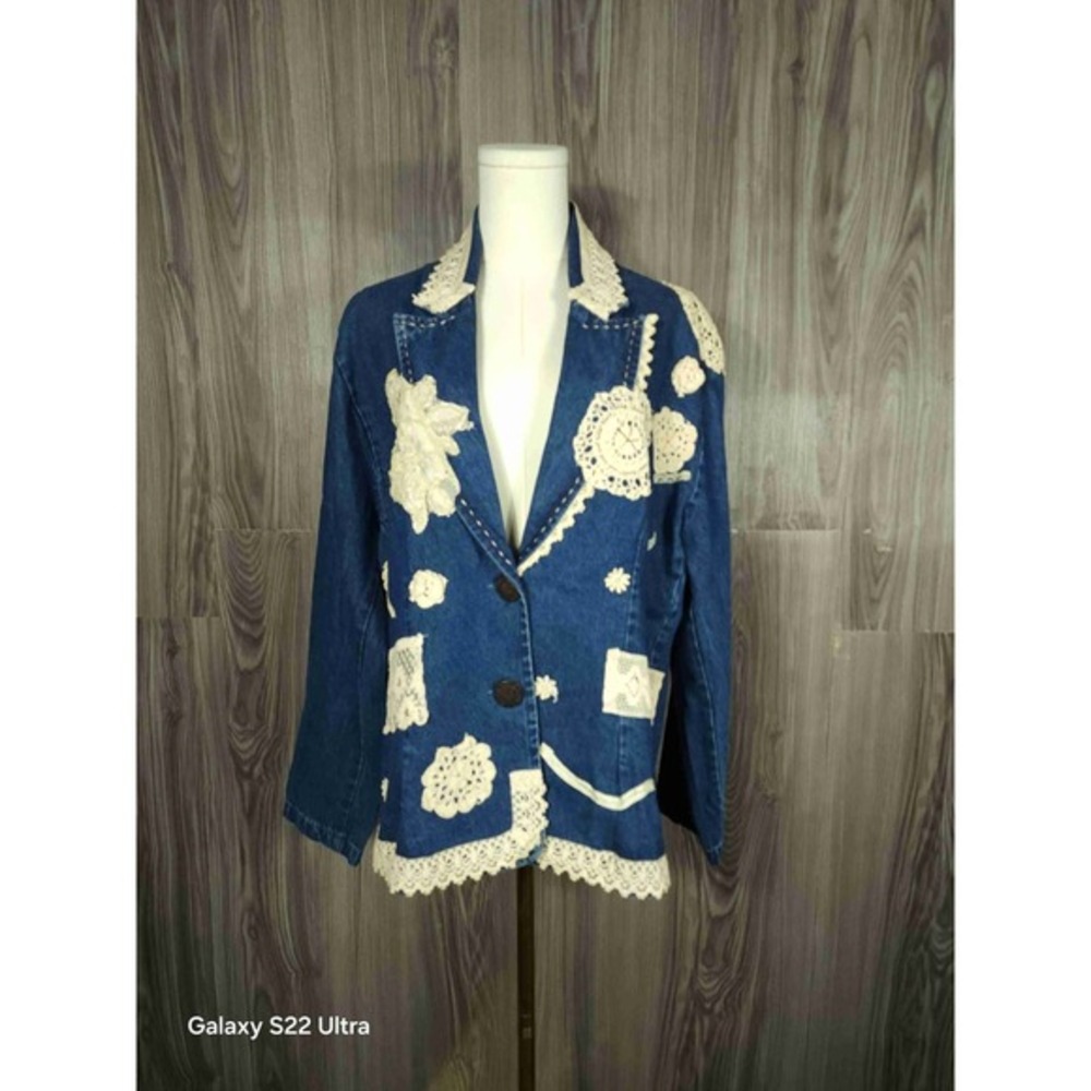 Life Style 1X Vintage 90s Blue 3 Button Denim Blazer Jacket With Notched Lapel